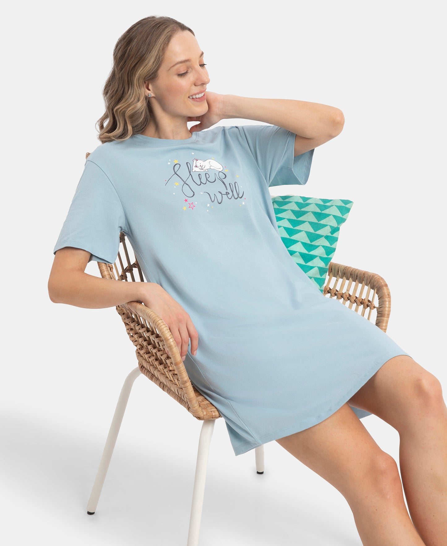 Super Combed Cotton Drop Shoulder Styled Curved Hem Printed Lounge Dress With Side Pockets - Forget Me Not