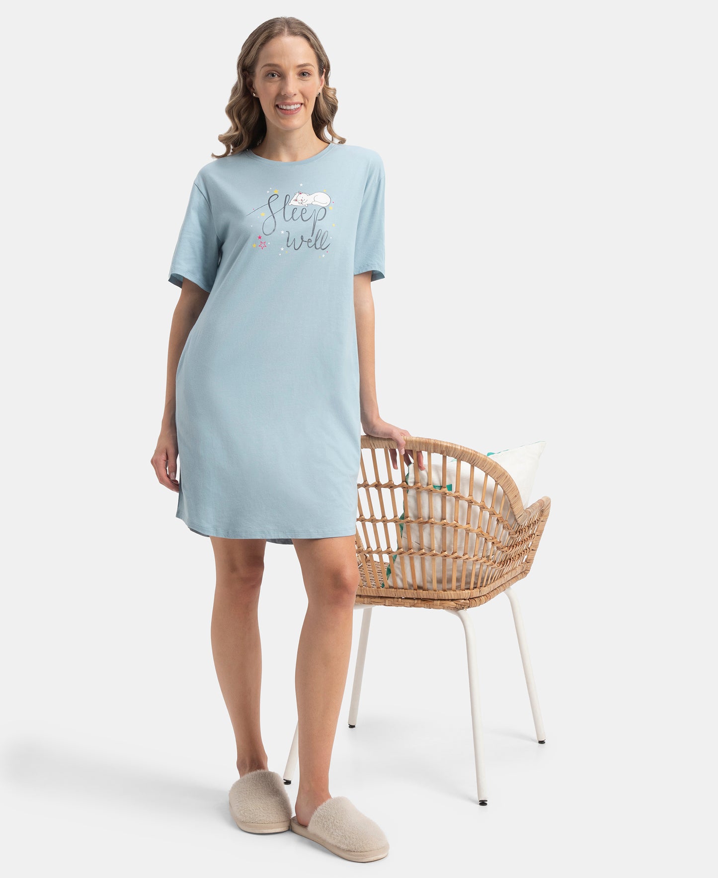 Super Combed Cotton Drop Shoulder Styled Curved Hem Printed Lounge Dress With Side Pockets - Forget Me Not