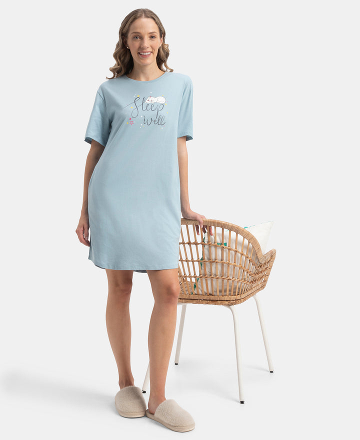 Super Combed Cotton Drop Shoulder Styled Curved Hem Printed Lounge Dress With Side Pockets - Forget Me Not