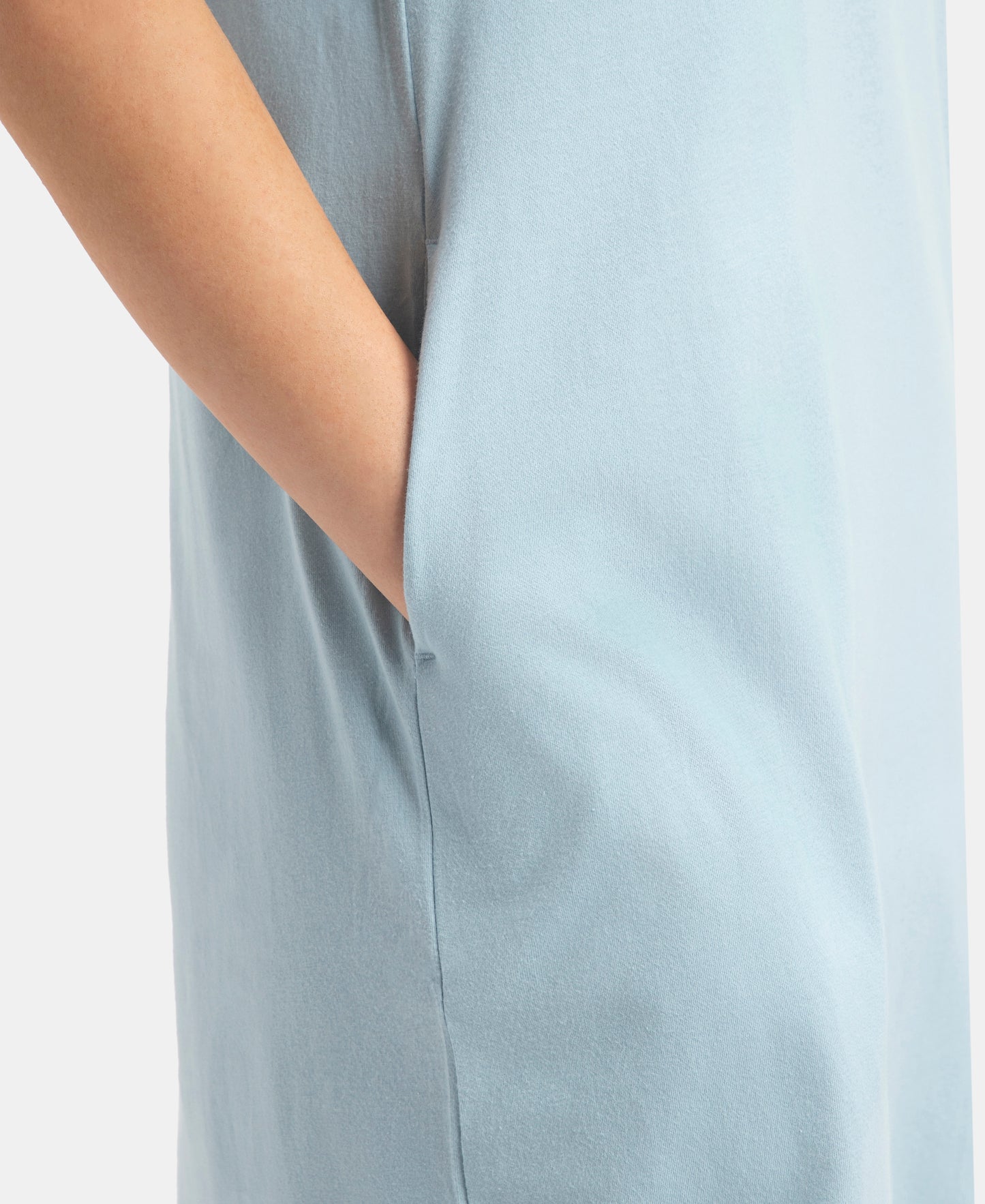 Super Combed Cotton Drop Shoulder Styled Curved Hem Printed Lounge Dress With Side Pockets - Forget Me Not