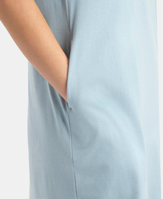 Super Combed Cotton Drop Shoulder Styled Curved Hem Printed Lounge Dress With Side Pockets - Forget Me Not