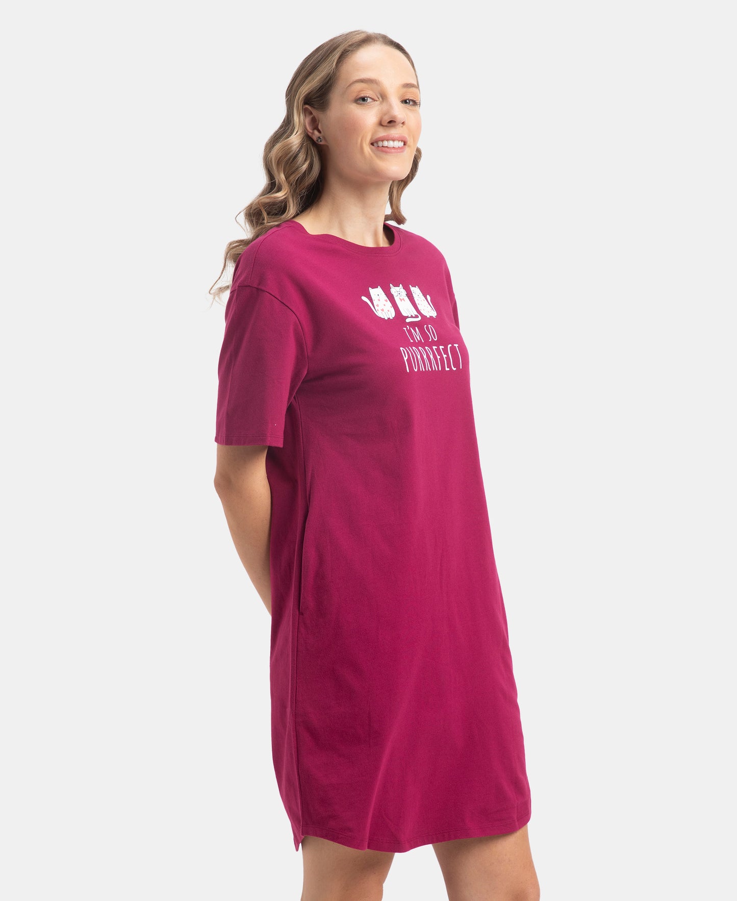 Super Combed Cotton Drop Shoulder Styled Curved Hem Printed Lounge Dress With Side Pockets - Raspberry Radiance
