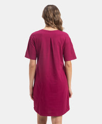 Super Combed Cotton Drop Shoulder Styled Curved Hem Printed Lounge Dress With Side Pockets - Raspberry Radiance