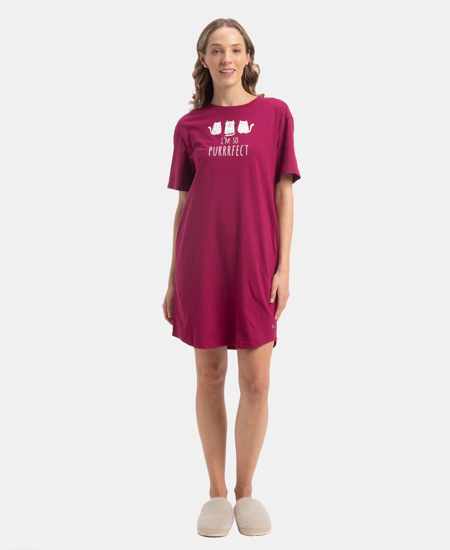 Super Combed Cotton Drop Shoulder Styled Curved Hem Printed Lounge Dress With Side Pockets - Raspberry Radiance