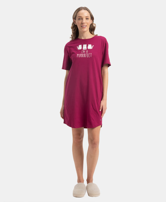Super Combed Cotton Drop Shoulder Styled Curved Hem Printed Lounge Dress With Side Pockets - Raspberry Radiance