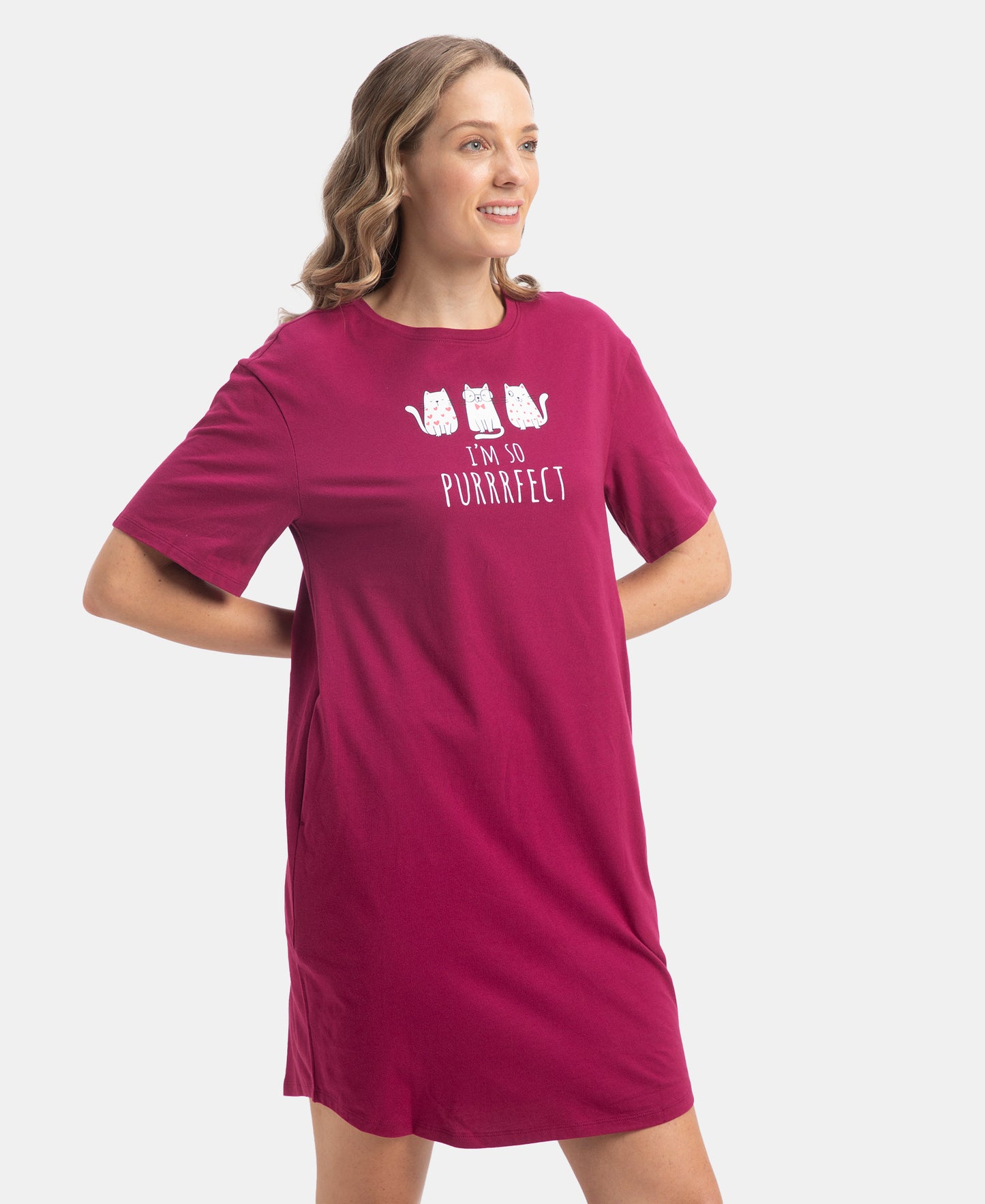 Super Combed Cotton Drop Shoulder Styled Curved Hem Printed Lounge Dress With Side Pockets - Raspberry Radiance