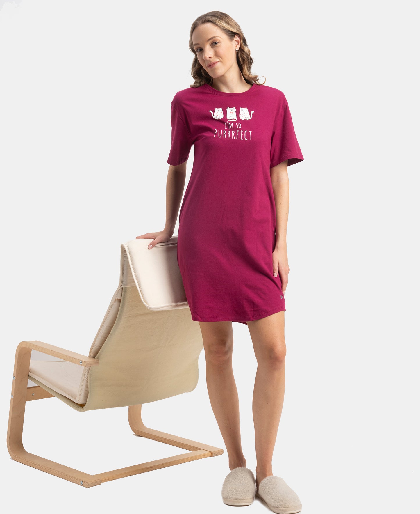 Super Combed Cotton Drop Shoulder Styled Curved Hem Printed Lounge Dress With Side Pockets - Raspberry Radiance