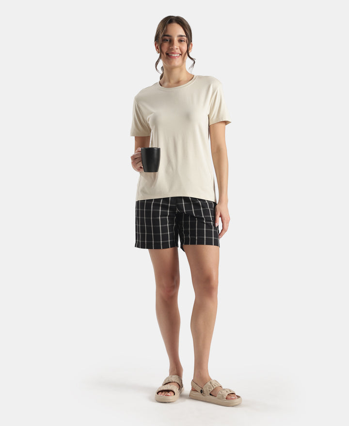 Viscose Elastane Stretch Fabric Relaxed Fit Drop Shoulder Styled T-Shirt - Almond Milk