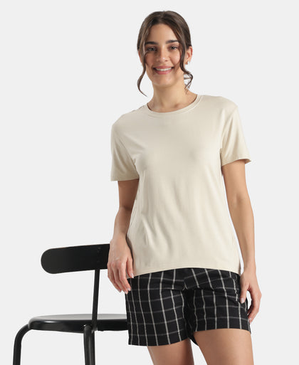 Viscose Elastane Stretch Fabric Relaxed Fit Drop Shoulder Styled T-Shirt - Almond Milk