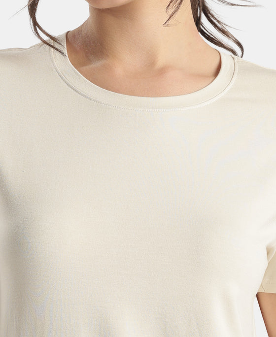 Viscose Elastane Stretch Fabric Relaxed Fit Drop Shoulder Styled T-Shirt - Almond Milk