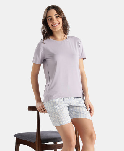 Viscose Elastane Stretch Fabric Relaxed Fit Drop Shoulder Styled T-Shirt - Lavender Aura