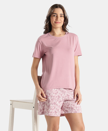 Viscose Elastane Stretch Fabric Relaxed Fit Drop Shoulder Styled T-Shirt - Lilas