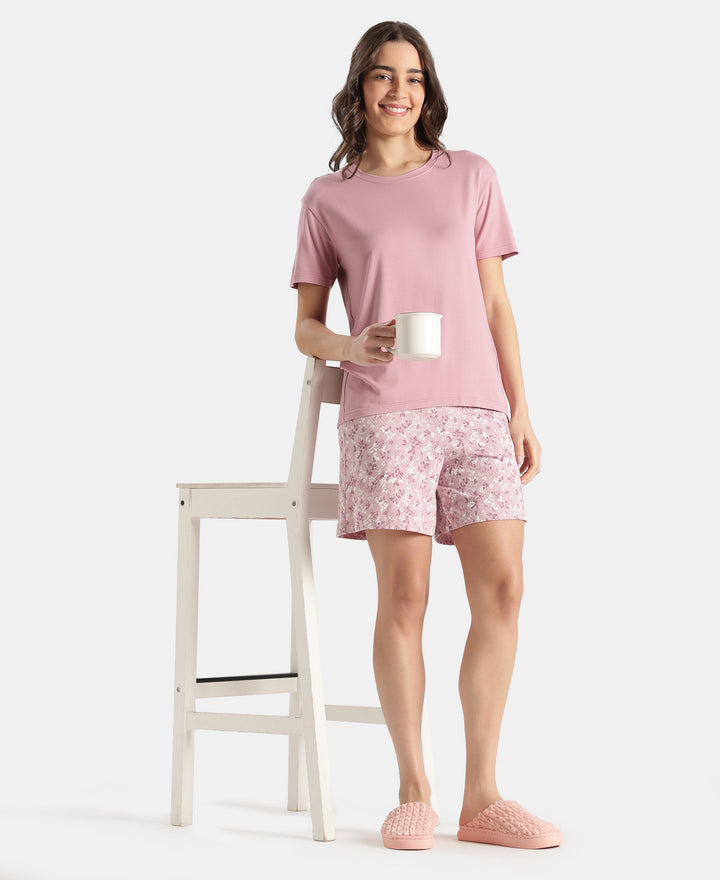 Viscose Elastane Stretch Fabric Relaxed Fit Drop Shoulder Styled T-Shirt - Lilas