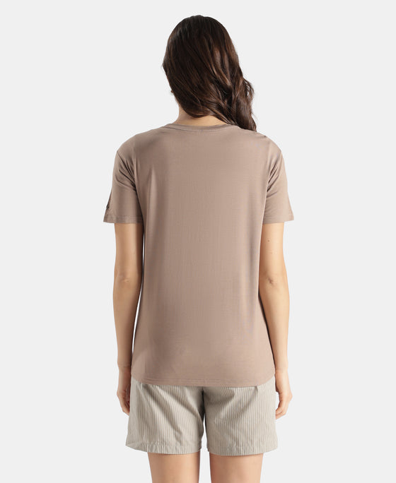 Viscose Elastane Stretch Fabric Relaxed Fit Drop Shoulder Styled T-Shirt - Taupe Grey