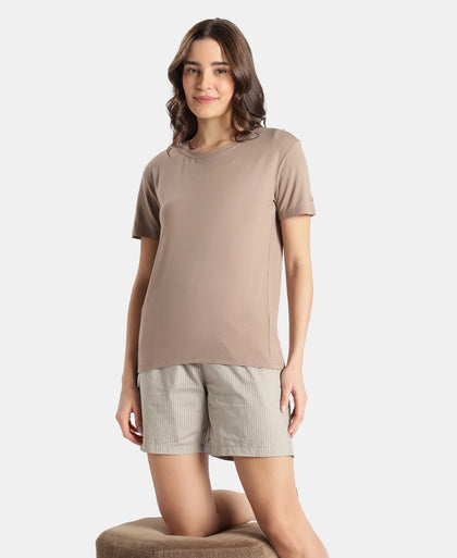 Viscose Elastane Stretch Fabric Relaxed Fit Drop Shoulder Styled T-Shirt - Taupe Grey