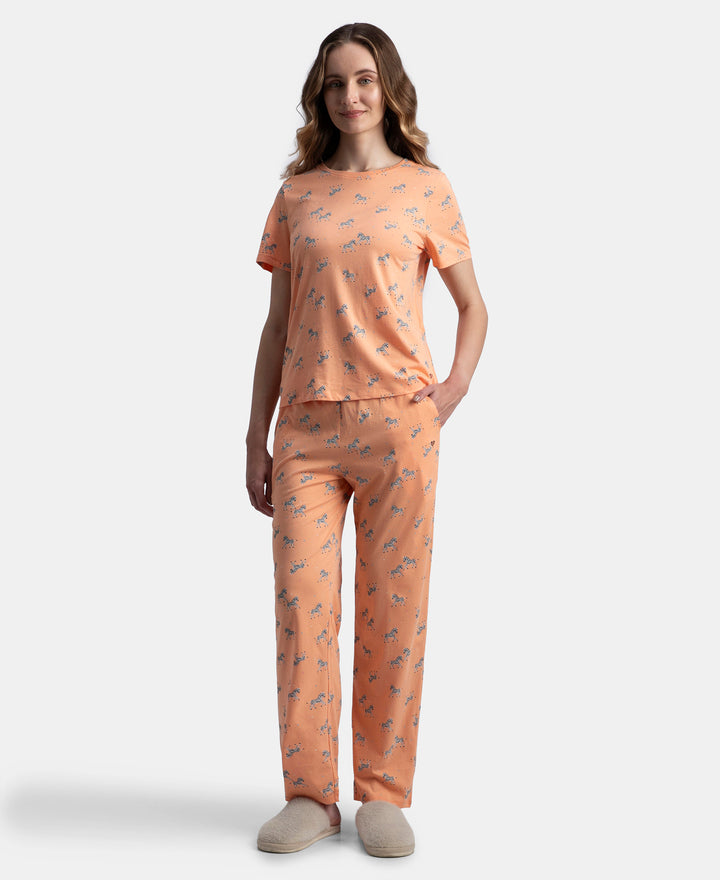 100% Cotton Short Sleeve Printed T-Shirt & Pyjama Sleep Set - Coral
