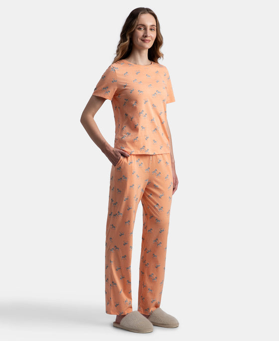100% Cotton Short Sleeve Printed T-Shirt & Pyjama Sleep Set - Coral