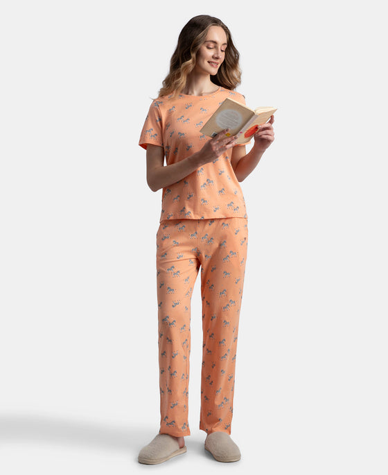 100% Cotton Short Sleeve Printed T-Shirt & Pyjama Sleep Set - Coral