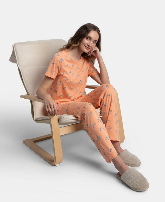100% Cotton Short Sleeve Printed T-Shirt & Pyjama Sleep Set - Coral