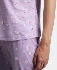 100% Cotton Short Sleeve Printed T-Shirt & Pyjama Sleep Set - Lavendula