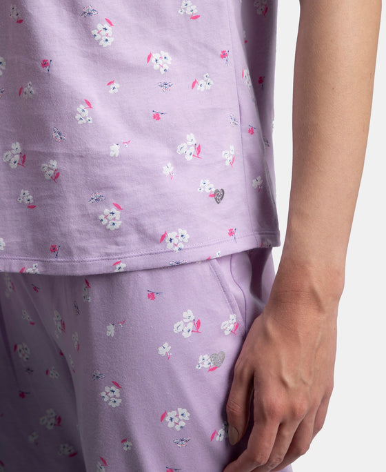 100% Cotton Short Sleeve Printed T-Shirt & Pyjama Sleep Set - Lavendula
