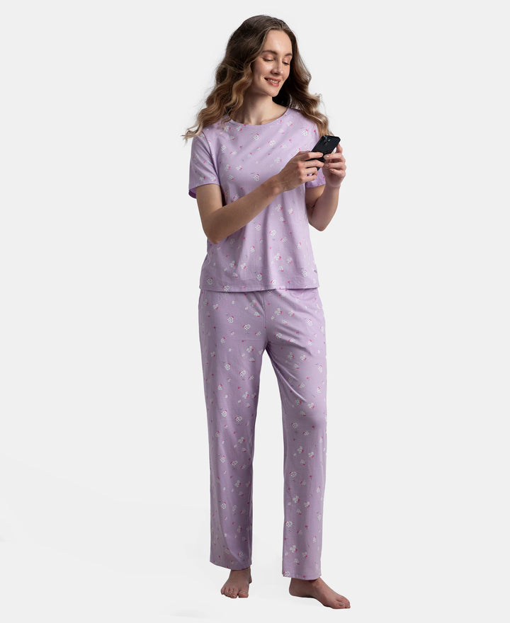 100% Cotton Short Sleeve Printed T-Shirt & Pyjama Sleep Set - Lavendula