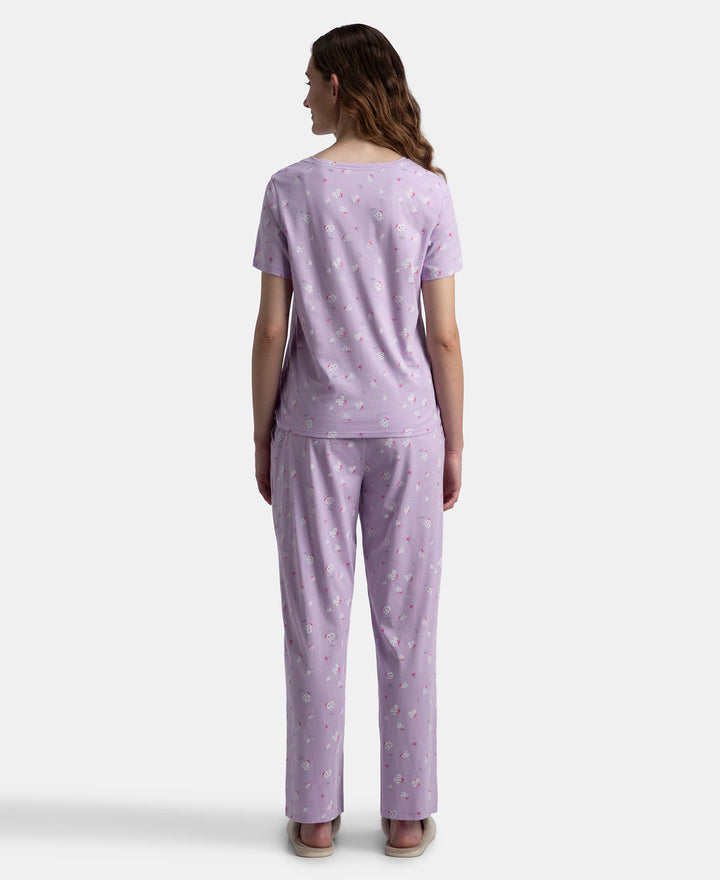 100% Cotton Short Sleeve Printed T-Shirt & Pyjama Sleep Set - Lavendula