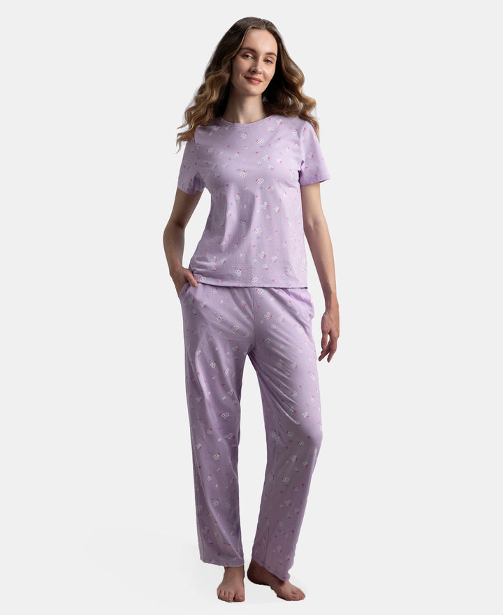 100% Cotton Short Sleeve Printed T-Shirt & Pyjama Sleep Set - Lavendula