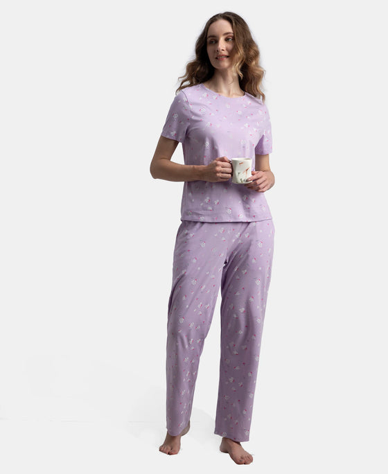 100% Cotton Short Sleeve Printed T-Shirt & Pyjama Sleep Set - Lavendula