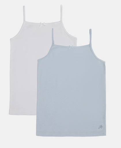 Super Combed Cotton Rib Fabric Camisole with Regular Straps - White & Skyway (Pack of 2)