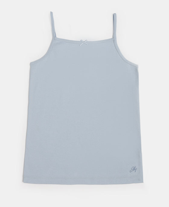 Super Combed Cotton Rib Fabric Camisole with Regular Straps - White & Skyway (Pack of 2)