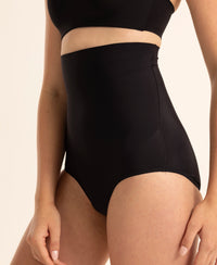 High Waist Microfiber Elastane Stretch Bonded Seamfree Bikini Shapewear - Black