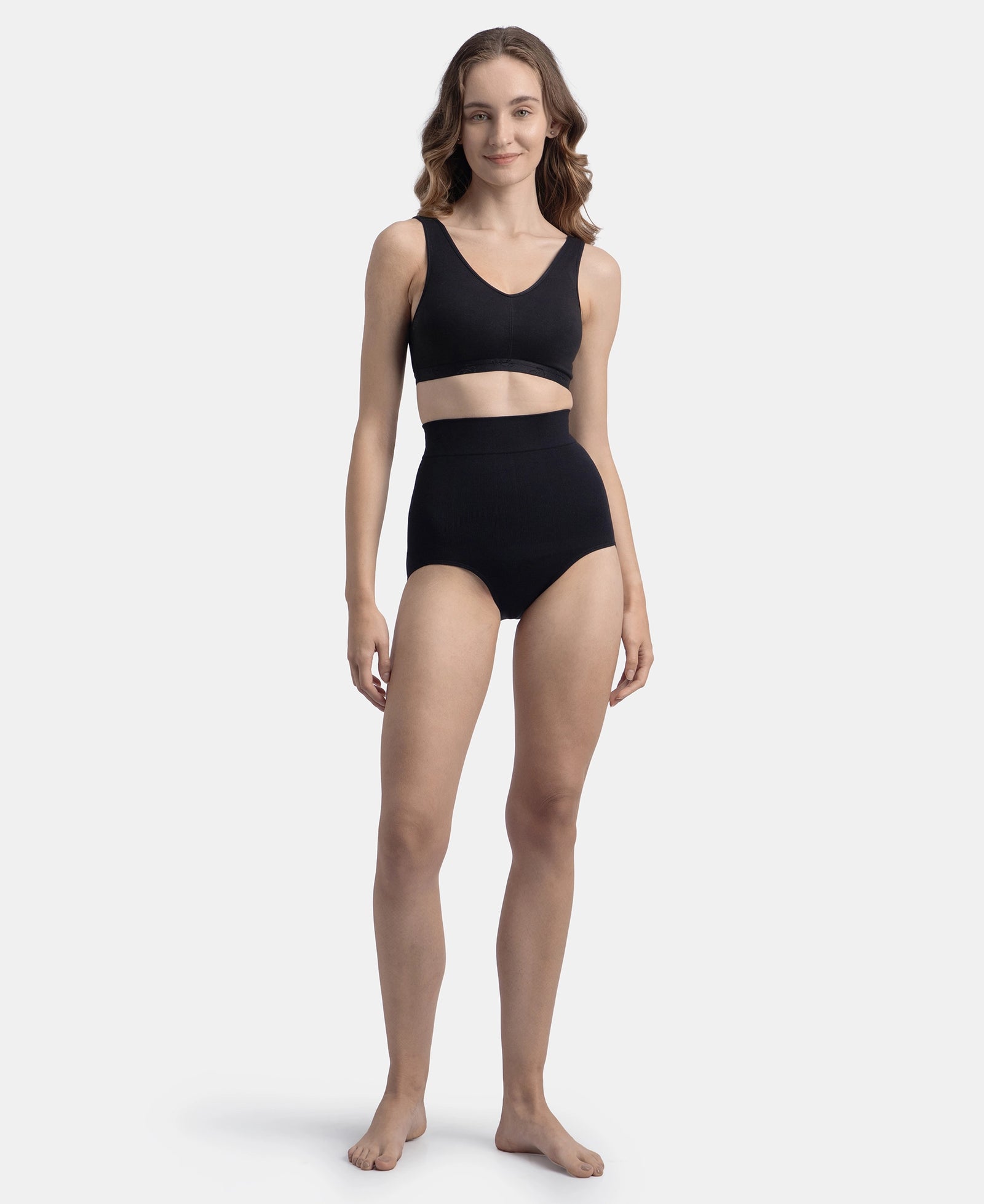 High Waist Microfiber Elastane Stretch Seamfree Bikini Shapewear - Black