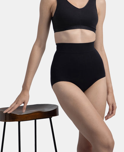 High Waist Microfiber Elastane Stretch Seamfree Bikini Shapewear - Black