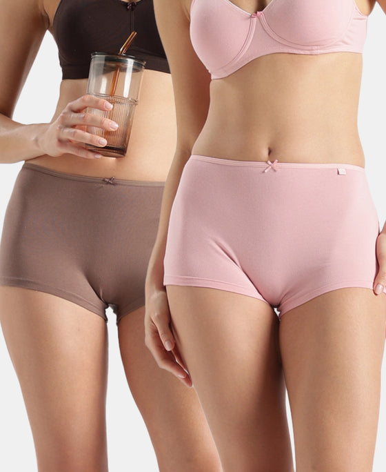 High Coverage Super Combed Cotton Elastane Stretch Boy Leg With Concealed Waistband and StayFresh Treatment - Deep Taupe & Crush N Blush (Pack of 2)