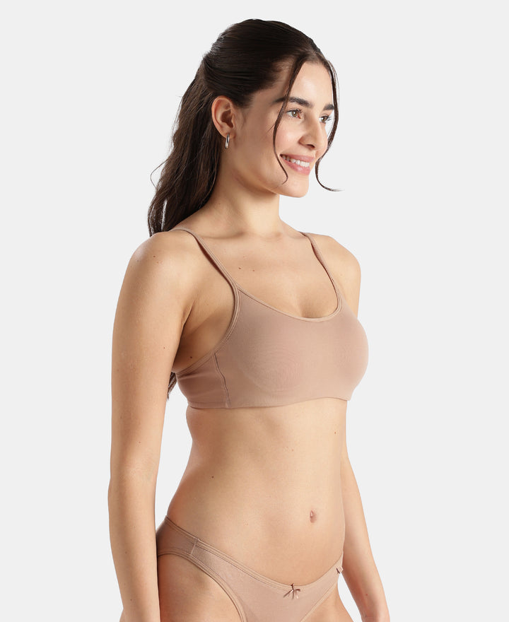 Wirefree Non Padded Super Combed Cotton Elastane Stretch Full Coverage Beginners Bra with Adjustable Straps - Almondine