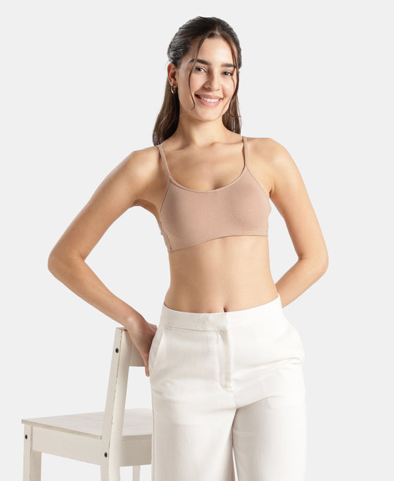 Wirefree Non Padded Super Combed Cotton Elastane Stretch Full Coverage Beginners Bra with Adjustable Straps - Almondine