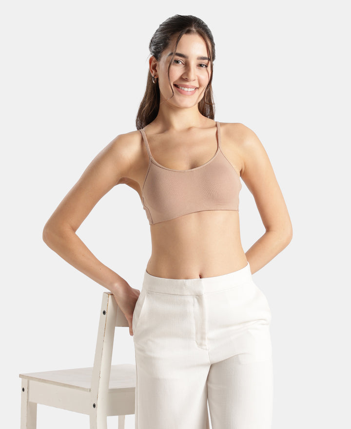 Wirefree Non Padded Super Combed Cotton Elastane Stretch Full Coverage Beginners Bra with Adjustable Straps - Almondine