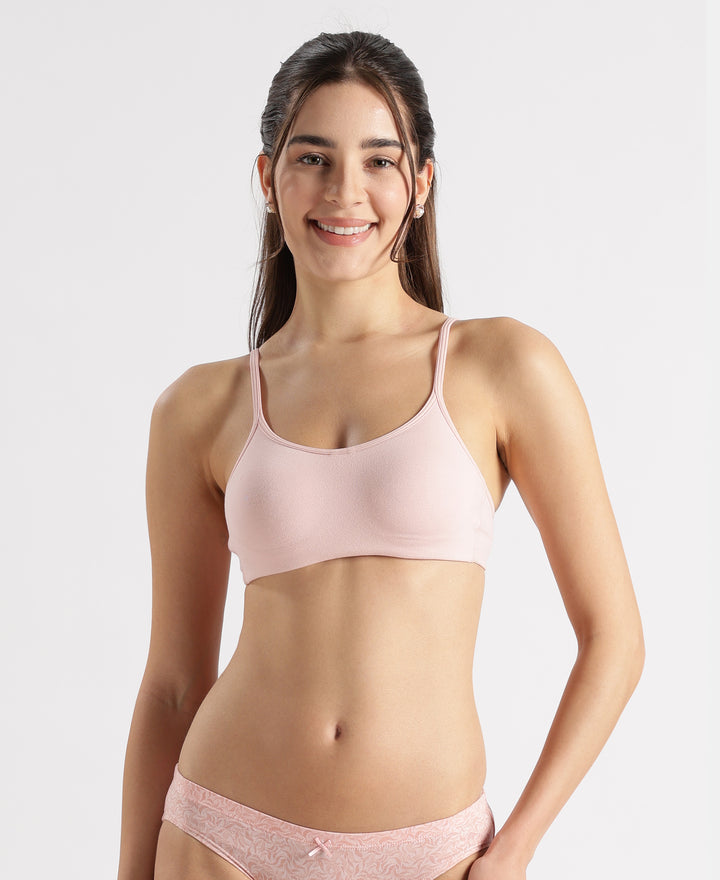 Wirefree Non Padded Super Combed Cotton Elastane Stretch Full Coverage Beginners Bra with Adjustable Straps - Peach Skin