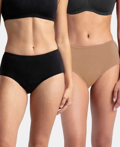 Super Combed Cotton Elastane Stretch Period Panty with Leak Proof Inner Absorbent Layer and StayFresh Treatment - Black & Desert Taupe (Pack of 2)
