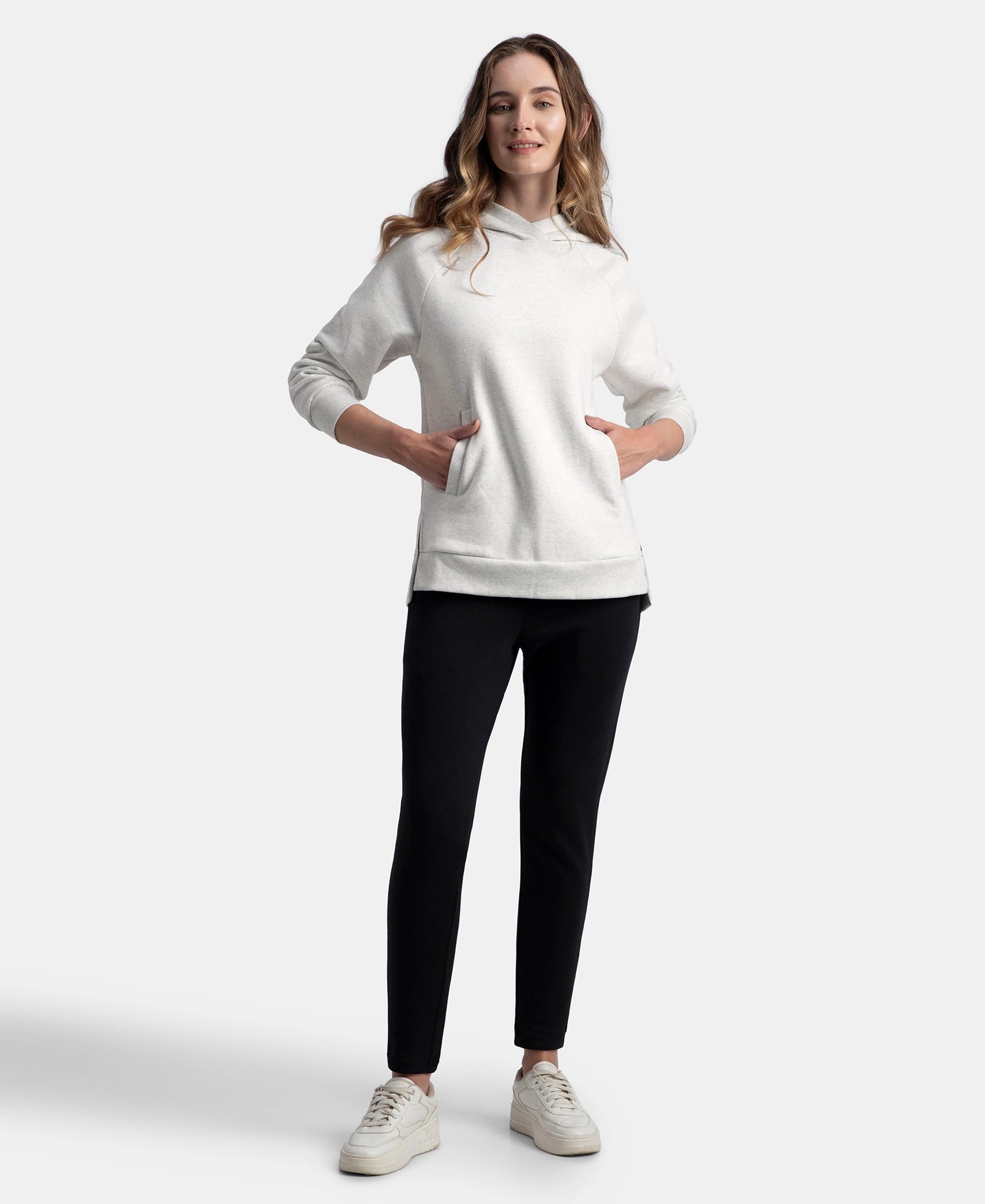 Super Combed Cotton Rich Fleece Fabric Raglan Sleeve Hoodie Sweatshirt - Off White Melange