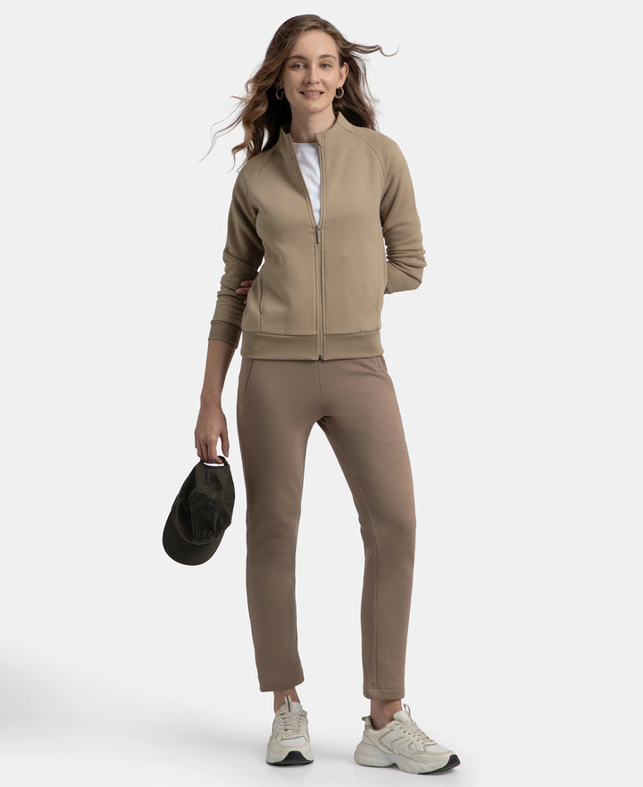 Super Combed Cotton Rich Fleece Fabric Full Zip High Neck Jacket with Front Pockets - Desert Taupe