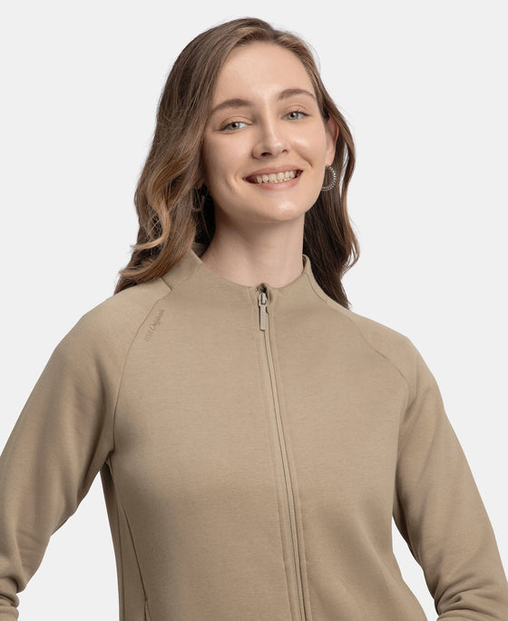 Super Combed Cotton Rich Fleece Fabric Full Zip High Neck Jacket with Front Pockets - Desert Taupe