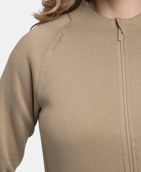 Super Combed Cotton Rich Fleece Fabric Full Zip High Neck Jacket with Front Pockets - Desert Taupe