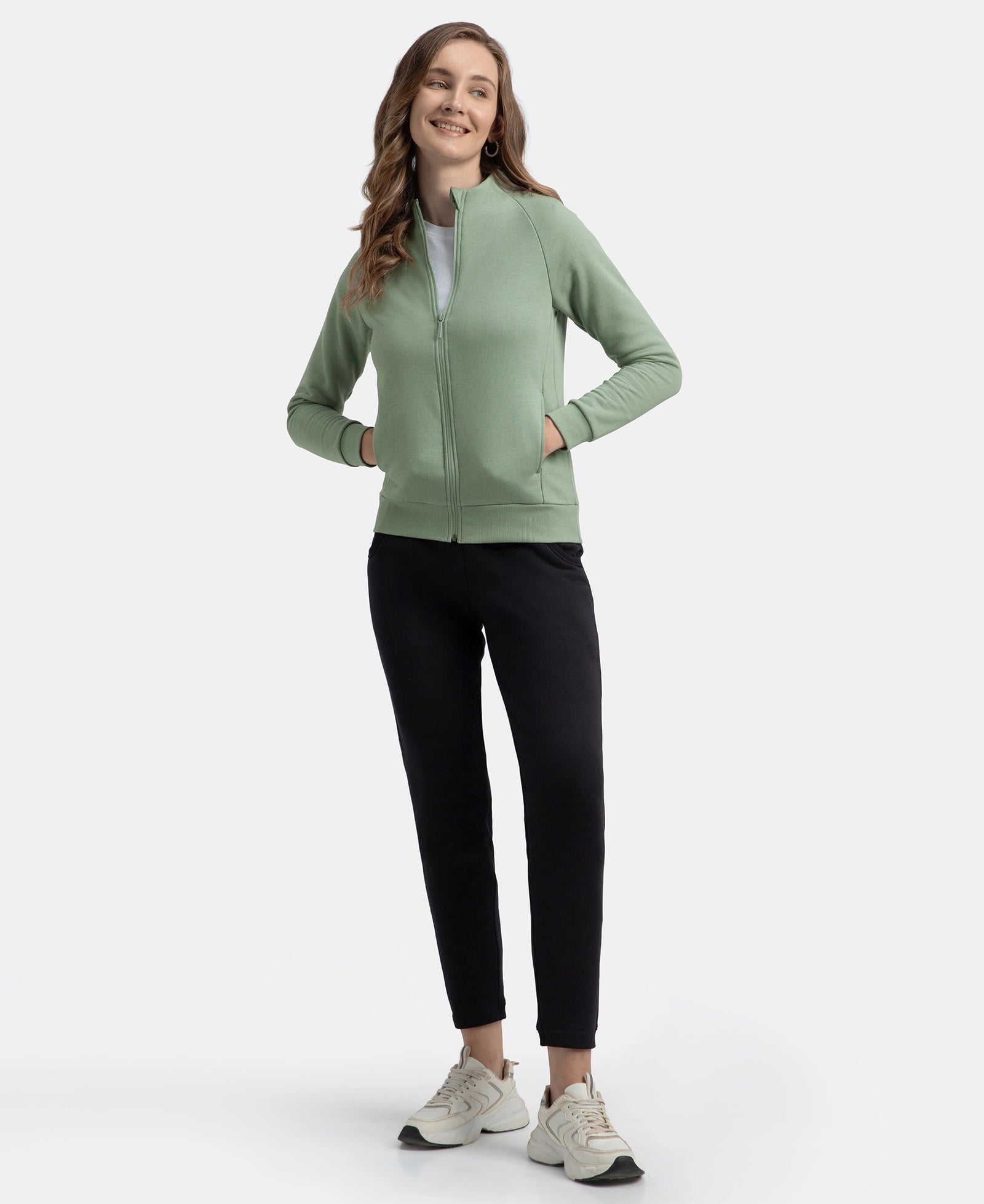 Super Combed Cotton Rich Fleece Fabric Full Zip High Neck Jacket with Front Pockets - Iceberg Green