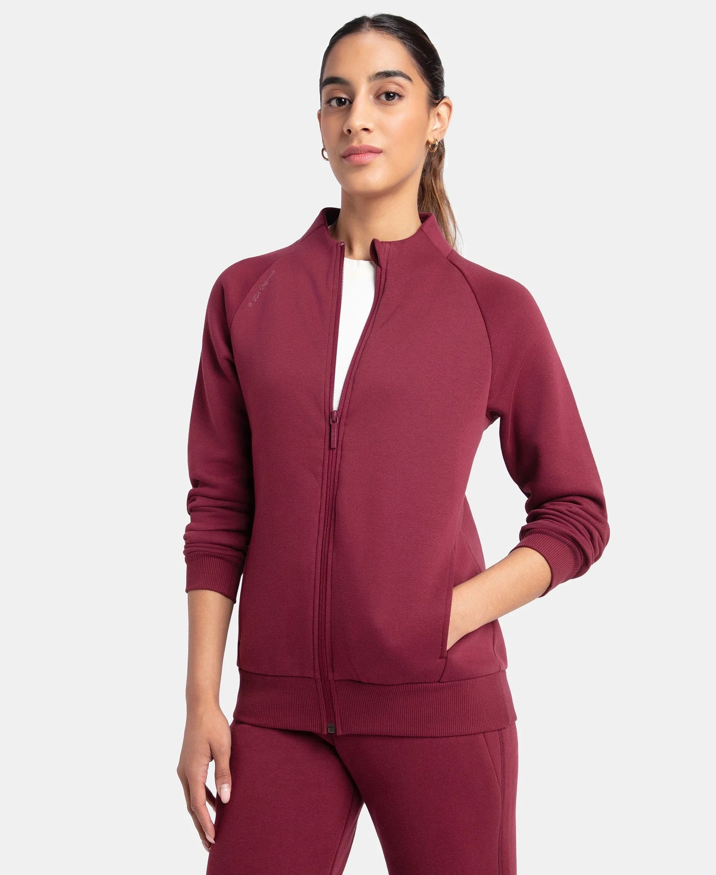 Super Combed Cotton Rich Fleece Fabric Full Zip High Neck Jacket with Front Pockets - Maroon Banner