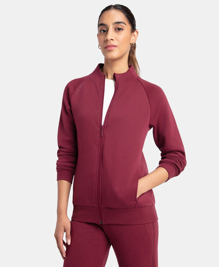 Super Combed Cotton Rich Fleece Fabric Full Zip High Neck Jacket with Front Pockets - Maroon Banner