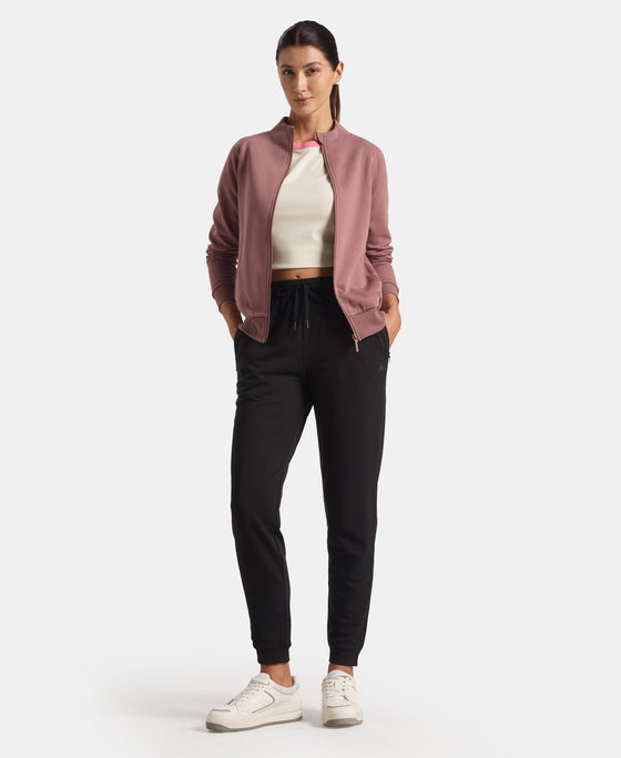 Super Combed Cotton Rich Fleece Fabric Full Zip High Neck Jacket with Front Pockets - Rose Taupe