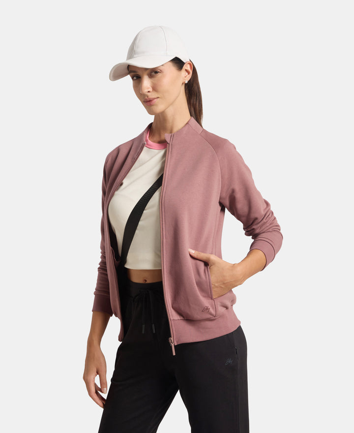 Super Combed Cotton Rich Fleece Fabric Full Zip High Neck Jacket with Front Pockets - Rose Taupe