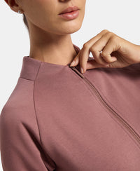 Super Combed Cotton Rich Fleece Fabric Full Zip High Neck Jacket with Front Pockets - Rose Taupe